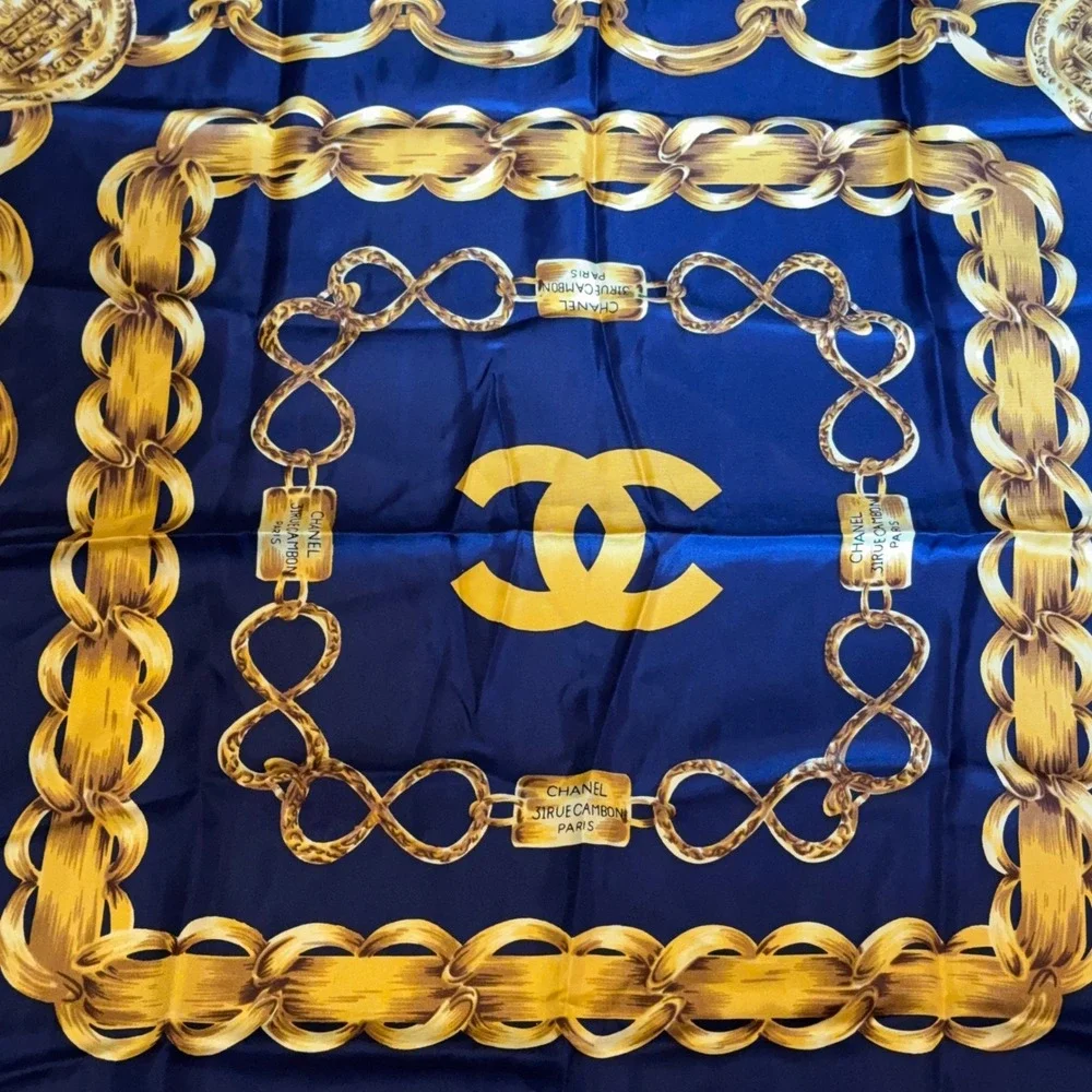 Chanel CC Gold Chain Medallion Silk Square Scarf Navy Blue